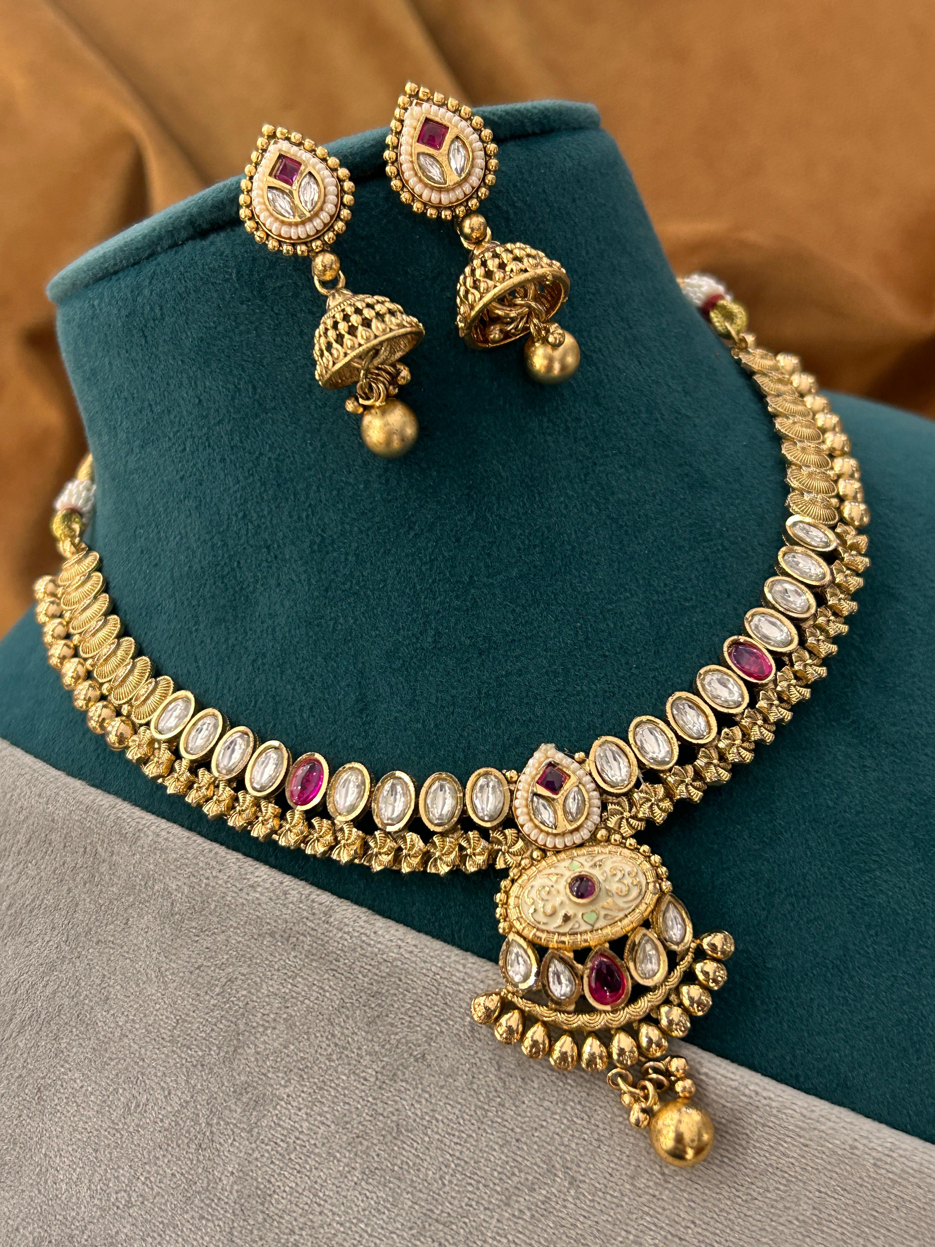 Antique Kundan Choker Set with Jhumka Earrings & Statement Pendant